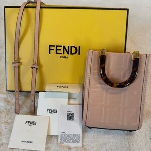 Fendi FF mini embossed Sunshine ShopperTote in blush pink Tortoise Handle NWT